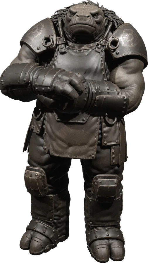 A Kharum salvage worker in heavy plated industrial gear