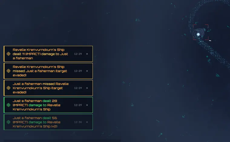 A ship exchanging fire with a Wreckers marauder, every hit and miss listed in the combat log