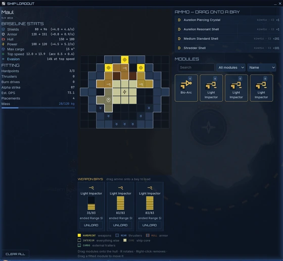 Ship loadout screen with polyomino module grid