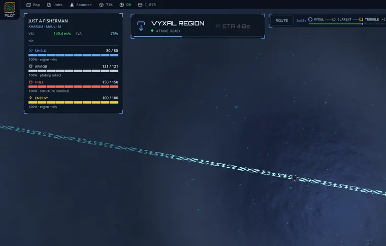 Under way in open water, with shield, armor, hull and energy bars and a route in progress