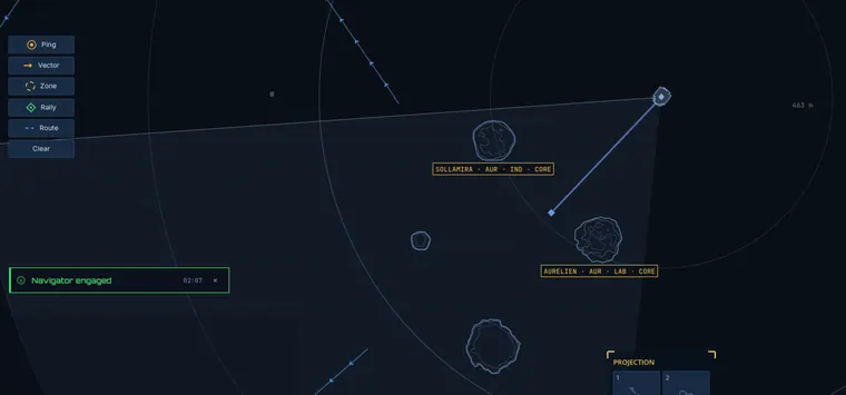 Tactical overlay: the sensor chart filling the screen, with ping, vector, zone, rally and route command tools